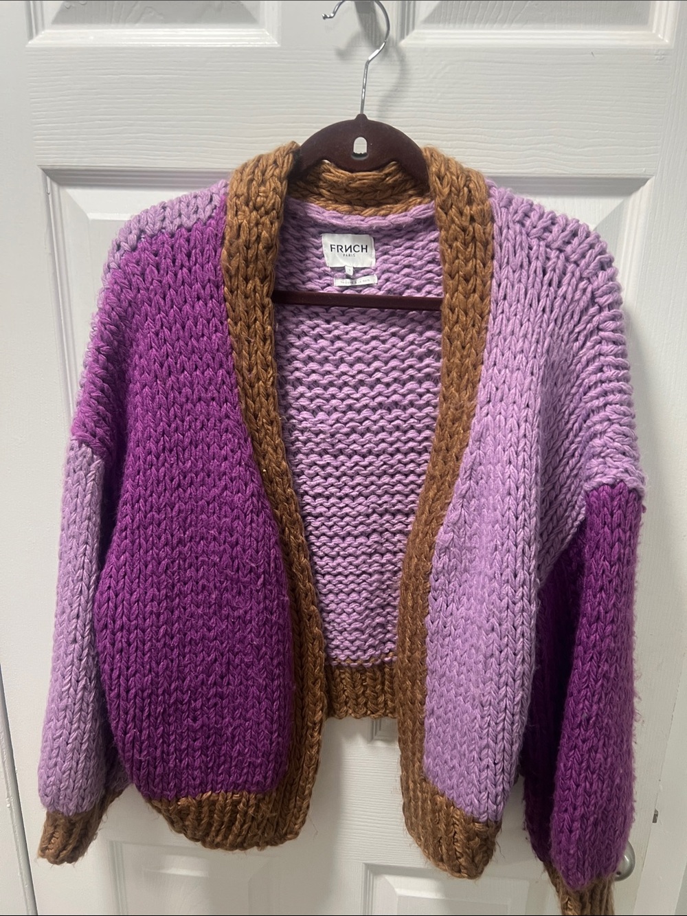 FRNCH Chunky Colorblock Cardigan - Lavender, Purple & Brown Trim